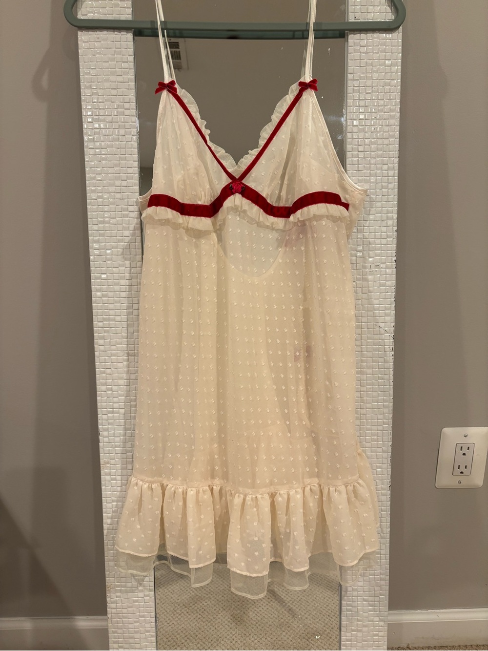Betsey Johnson Cream Slip & Panty Set with Red Trim & Bows